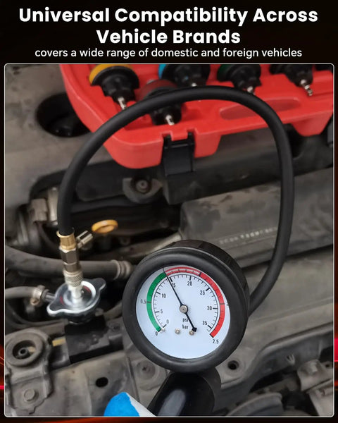 Close-up of gauge showing pressure for Heavy Duty 18 Piece Radiator Pressure Pump And Cooling System Leak Test Kit.