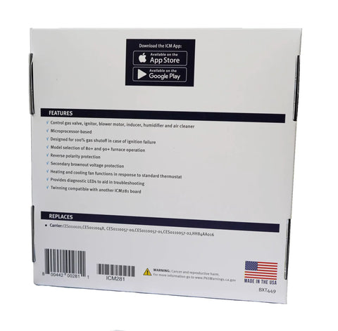 Box back with features list for Furnace Control Replacement Module 281 For Carrier Systems Ready To Install.