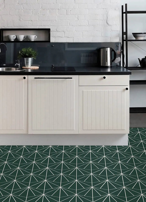 Emerald green geometric vinyl floor with Beryl Peel And Stick Floor Tiles Emerald Green Geometric Vinyl For Easy DIY Install.