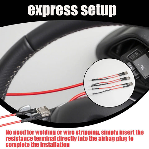 Three-piece SRS airbag resistor kit with red wires and inline connectors for quick-release steering wheel installs