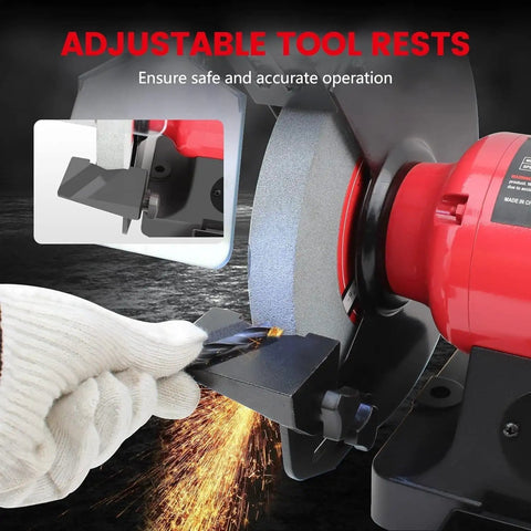 User sharpening a drill bit on the No-Nonsense Bench Grinder Featuring Quiet Brushless Motor 550 Watt Spinning At 2950 Rpm.