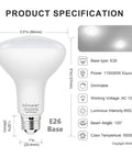 Product specifications for BR30 Flood LED Light Bulbs 5000K Daylight 65W Equivalent E26 Base Dimmable 120V with 850 Lumens.