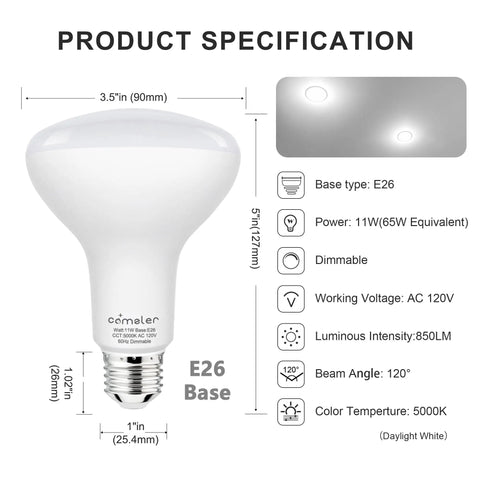 Product specifications for BR30 Flood LED Light Bulbs 5000K Daylight 65W Equivalent E26 Base Dimmable 120V with 850 Lumens.