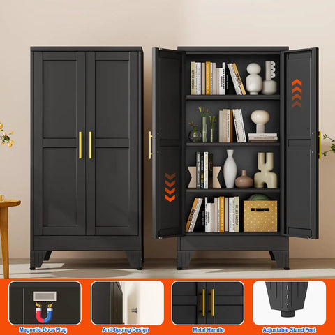 Tall 47.2 Inch Metal Garage Storage Cabinet with door open, showing adjustable shelves for indoor and outdoor use.