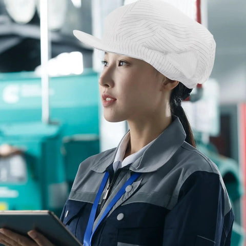 Kickass White Anti Static Mesh Working Hat With Super Breathable Ventilation Dustproof Protective Safety Cap For Food Pharma Electronics Jobs And Real Deal Shop Grinds worn by a woman in a work setting.