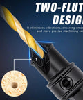 Close-up of Countersink Drill Bit Set For Wood With Dual Flute 82 Degree Countersink showing two-flute design drilling a hole.