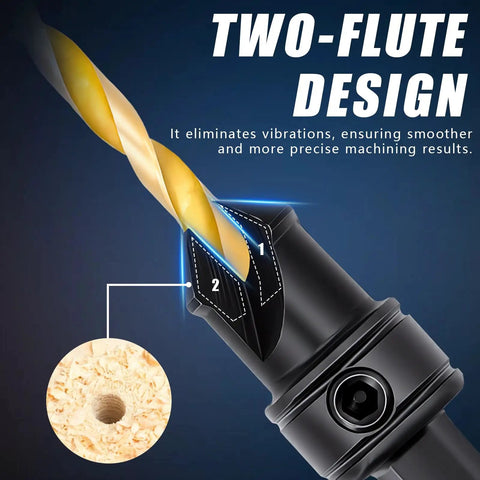 Close-up of Countersink Drill Bit Set For Wood With Dual Flute 82 Degree Countersink showing two-flute design drilling a hole.