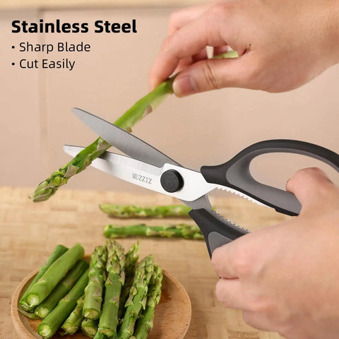 All Purpose Kitchen Scissors Workhorse Heavy Duty Stainless Steel Shears That Come Apart For Easy Cleaning With Soft Comfort Grip Handles 8.3 Inch Black Ultra Sharp Serrated Blades For Meat Fish Herbs And Food Prep cutting asparagus