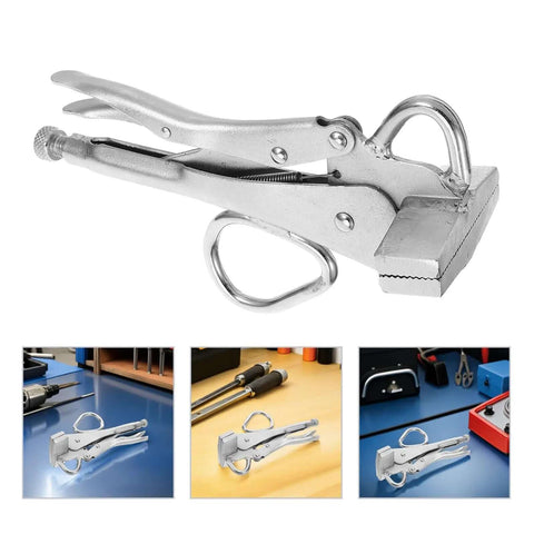 Heavy Duty Locking Sheet Metal Clamp Pliers For Auto Body Repair And Metalworking Versatile Panel Pulling Tool. Close-up view.