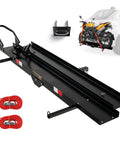 600LBS Motorcycle Carrier Hitch Mounted Rack With Loading Ramp Wheel Chock And Straps Beefy Heavy Duty Steel Hauler shown