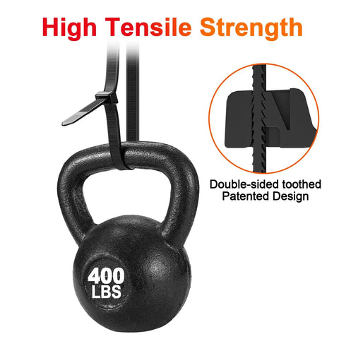 Heavy Duty 24 Inch Zip Ties With 400 Lb Tensile Strength lifting 400lb kettlebell, double-sided toothed design shown