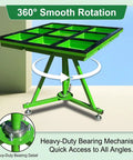 Top Shelf 360 Degree Spin Workbench Galvanized Steel Industrial Assembly Table with smooth swivel base and heavy-duty bearing.