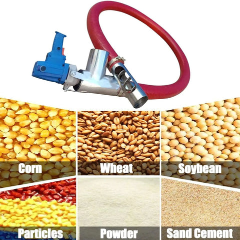 Portable 110V Electric Grain Auger Conveyor for Home Farm with hose and grain examples: corn, wheat, soybean, powder, and sand.