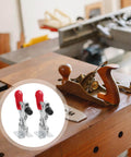 Set Of 10 Quick Release Downward Toggle Clamps For Woodworking And Welding Jigs Zinc Plated Metal Hand Tool Clamps With Comfortable Vinyl Handles Smooth Operation And Anti Rust Finish Built To Last For DIY Projects shown on a woodworking table.