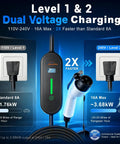 Portable Level 1 And 2 EV Charger Drops A Sharp 8 To 16 Amp Punch Includes Nema 6 20 Plug And 5 15 Adapter 17 Foot Kink Free Wire For Every Sae J1772 Ride Designed Hella Tailgate Friendly with dual voltage charging display.