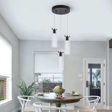 Black Finish 3 Light Pendant Lights For Kitchen Island And Dining Room with bubble cylinder design in modern setting