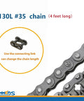 130L #35 chain four feet long with connecting link for chain length adjustment, ideal for go-kart clutch systems.