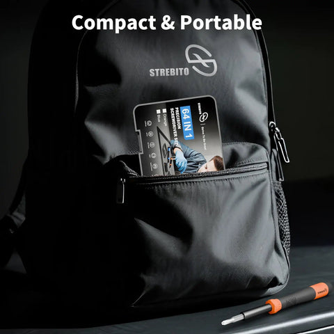 64 In 1 Magnetic Precision Screwdriver Kit For Electronics Repair in backpack pocket, emphasizing portable design