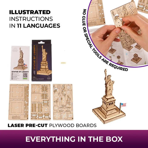 Statue Of Liberty 3D Puzzle Kit, 46 Piece Wooden DIY Model Stands 5.7 Inches, Easy Build No Glue Needed, World Cities Collection, Great Gift For Puzzle Buffs And History Lovers, pre-cut boards