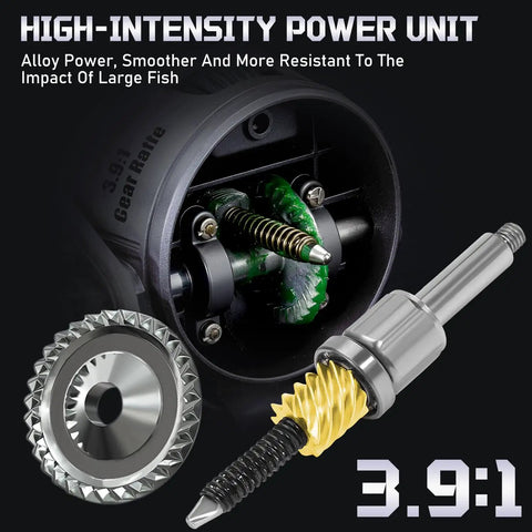 Internal mechanism of Spincast Fishing Reel Size 30 with smooth 3.9 to 1 gear ratio for powerful performance.