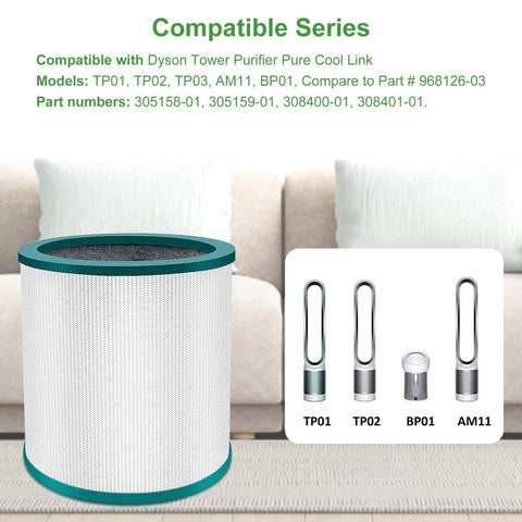 Dyson Compatible Replacement Filter 2 Pack For Pure Cool Link TP01 TP02 TP03 AM11 BP01 shown with product models and specs