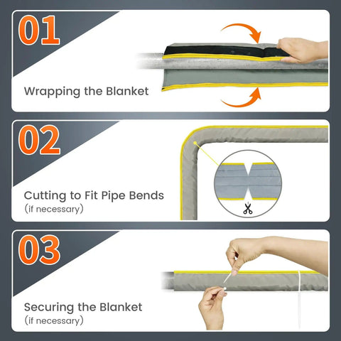 Self Regulating Pipe Heating Blanket Kit 3 Ft For Freeze Protection Stickable And Trimmable Heat Tape That Fits Metal Or Plastic Pipes Includes Thermostat Extension Cord Energy Saving Heating Solution with wrapping, cutting, and securing steps.