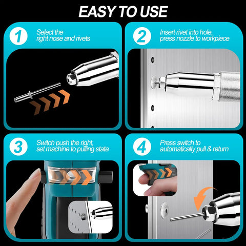 Step-by-step instructions for using the Camxtool Cordless Rivet Gun, Brushless Electric Pop Riveter Kit.