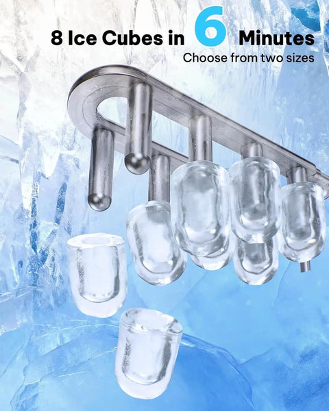 Self Cleaning Countertop Ice Maker Slams Out Bullet Ice In Six Minutes Whisper Quiet Operation, showing ice cubes in various sizes.
