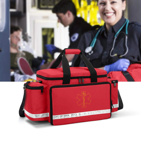 Red Emergency Responder Trauma Bag Empty For EMTs And Paramedics Professional First Aid Kit Storage With Inner Dividers Heavy Duty Nylon No Scratch Bottom Reflective Strips Bag Only