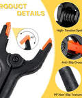 12 Piece Black Balloon Arch Clips Kit For Party, 3 Inch And 4 Inch Nylon, Includes Free Balloons, Flowers, Chains And Dots To Build Epic Backdrops Fast. Black clip close-up with orange pad, 90° hinge and anti-slip grip