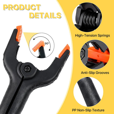 12 Piece Black Balloon Arch Clips Kit For Party, 3 Inch And 4 Inch Nylon, Includes Free Balloons, Flowers, Chains And Dots To Build Epic Backdrops Fast. Black clip close-up with orange pad, 90° hinge and anti-slip grip