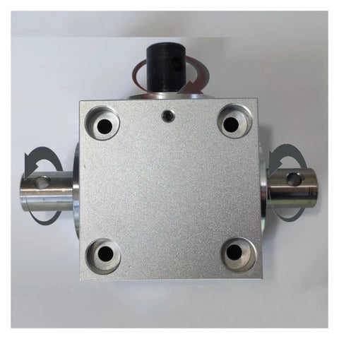 Horizontal right-angle gearbox with square aluminum housing; dual 15mm output shafts and a black top knob.