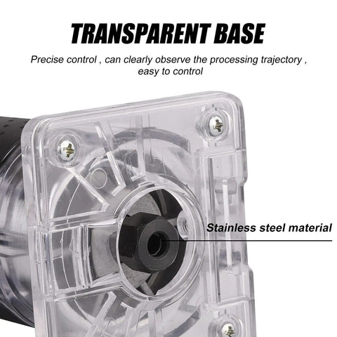 Transparent base of Heavy Duty 800W Wood Router Paired With A Rock Solid 15 Piece Tungsten Carbide Bit Set for precise control.