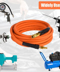 Three Eighths Inch By Twenty Five Foot Braided Air Hose For Air Compressors Flexible Heavy Duty Pneumatic Hose With Quick Connect Fittings Leak Free 300 PSI For Garage Shop Automotive Use, coiled with compressor fittings