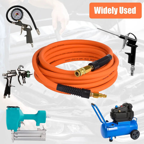 Three Eighths Inch By Twenty Five Foot Braided Air Hose For Air Compressors Flexible Heavy Duty Pneumatic Hose With Quick Connect Fittings Leak Free 300 PSI For Garage Shop Automotive Use, coiled with compressor fittings