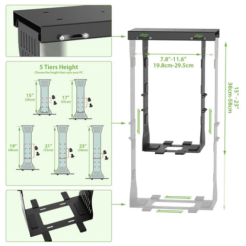 Heavy Duty Under Desk PC Mount With Adjustable Computer Tower Stand, 5 height options, 15 to 23 inch height adjustment.