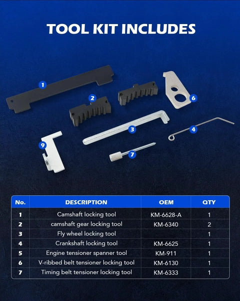Engine Timing Tool Kit For Chevy Cruze Aveo Alfa Romeo Fiat 16V 1.4L 1.6L 1.8L shown with 7 components and part list