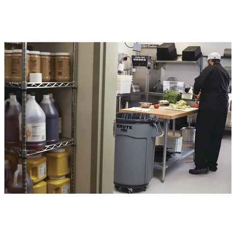 Heavy Duty 44 Gallon Gray Trash Can With Dome Top And Snap Lock Industrial Workhorse Waste Bin Built Rock Solid Stackable Commercial Storage Container Made In Usa in a kitchen setting with food preparation.