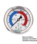 Two Inch Dial Pool Filter Pressure Gauge Glycerin Filled Water Pressure Gauge With 304 Stainless Steel Case One Quarter Inch NPT Center Back Mount Top Notch Readouts