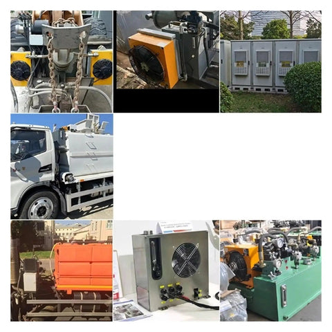 Collage featuring various industrial machinery and equipment with Beefed-Up Heavy Duty Hydraulic Aluminum Oil Cooler With 100 LPM Flow, 5.8KW Cooling Capacity, 3.2 Sq M Fin Area, Heat Exchanger Radiator For Industrial Machinery, 220V PT.