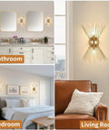 Gold Starburst Wall Sconce Set Of Two For Living Room Bedroom And Hallway Modern Mid Century Style Luxury Metal Art Deco Lighting Accent displayed in bathroom, bedroom, and living room.