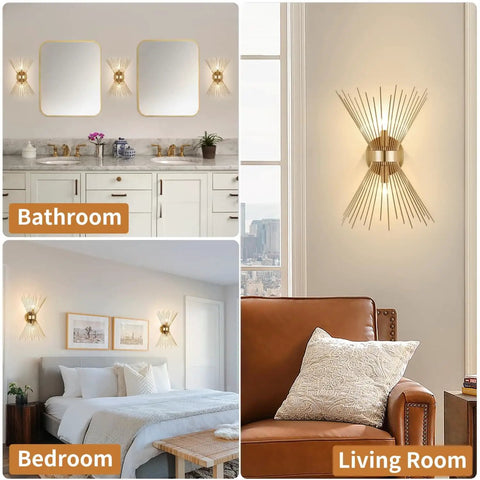 Gold Starburst Wall Sconce Set Of Two For Living Room Bedroom And Hallway Modern Mid Century Style Luxury Metal Art Deco Lighting Accent displayed in bathroom, bedroom, and living room.