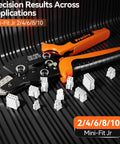 Mini-Fit Jr Crimping Kit Pro Grade With 12 Connector Types, crimping pliers, and connectors on a black textured surface