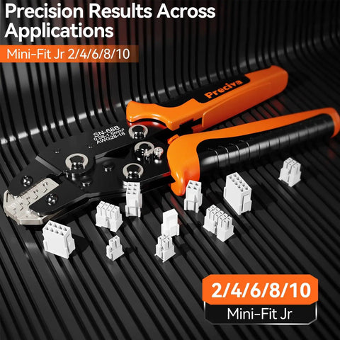 Mini-Fit Jr Crimping Kit Pro Grade With 12 Connector Types, crimping pliers, and connectors on a black textured surface