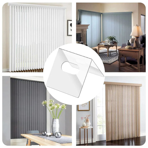 25 Pair Clear Vertical Blind Repair Tabs For Snapping Back Torn Slats Top Shelf PVC Replacement Clips in various room settings
