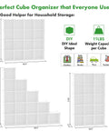 Diagram showing Modular Cube Storage Organizer for home with 16 cube DIY closet shelves, modern look, flexible layout options.