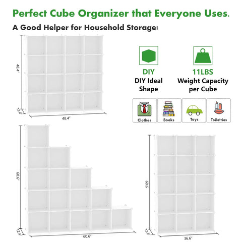 Diagram showing Modular Cube Storage Organizer for home with 16 cube DIY closet shelves, modern look, flexible layout options.