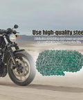 Heavy Duty 140 Link Roller Chain And Chain Breaker Kit For 50cc To 125cc Dirt Bikes ATVs Go Karts Scooters Pit Bikes Quads One Half Inch Pitch One Quarter Inch Roller Green shown next to motorcycle.