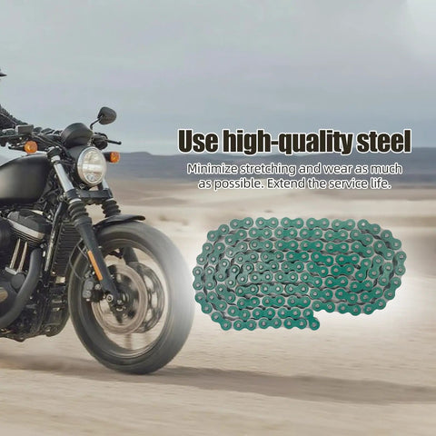 Heavy Duty 140 Link Roller Chain And Chain Breaker Kit For 50cc To 125cc Dirt Bikes ATVs Go Karts Scooters Pit Bikes Quads One Half Inch Pitch One Quarter Inch Roller Green shown next to motorcycle.
