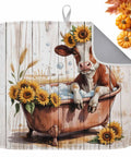 Fall Thanksgiving Sunflower Cow Themed Dish Drying Mat for Kitchen Counter with cushioned core, showing a cow in a sunflower tub design.